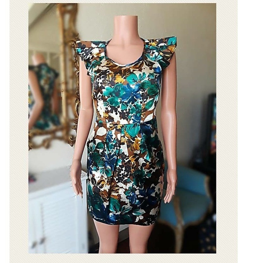 Floral Flutter Sleeve Sheath Dress Size 5 Teal Blue Botanical Print by Teeze Me